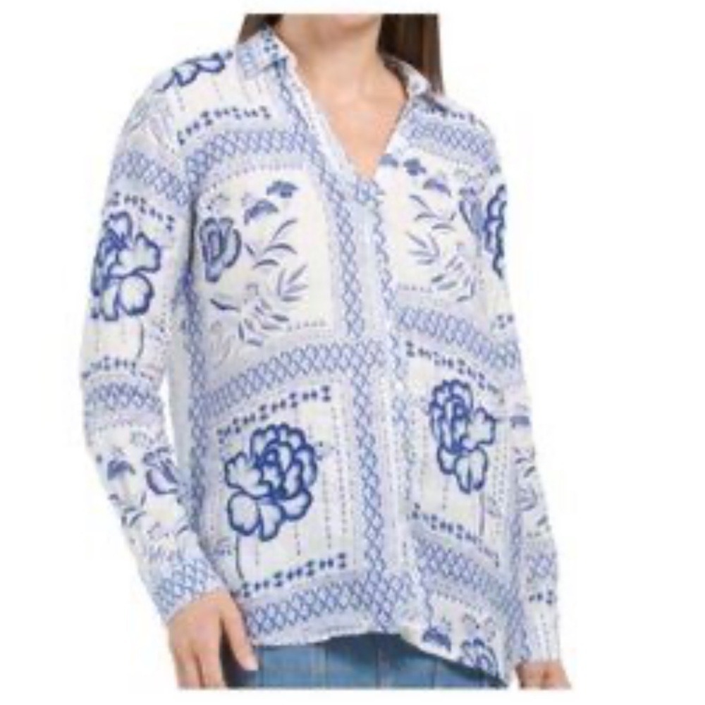 HALSTON Women Large Blue White Linen Roll Tab sleeve Button Up Top Beachy Boho